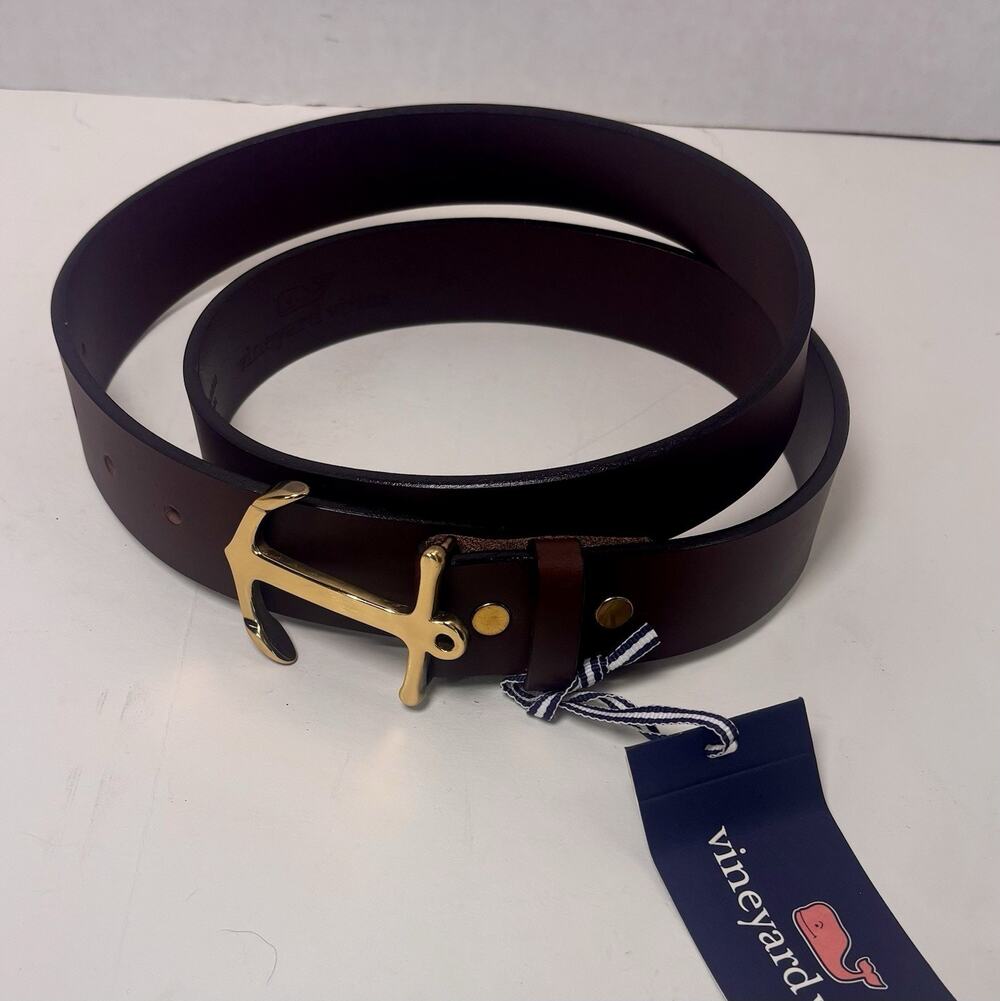 Vineyard Vines Belt Mens Sz 36 Brown Leather Nautical Anchor Buckle Made USA NWT